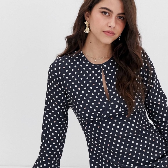 Mad Men Style Polka Dot Fluted Sleeve Navy Dress - Picture 3 of 10